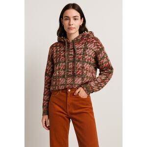 Zara Tweed Plaid Pearl Beaded Hoodie Sweater Red Green Black – Size Small